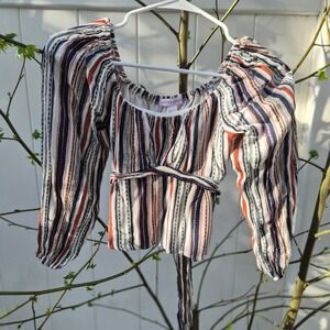 Honey & Spark Womens Striped Long Sleeve Crop Top Tie Waist Boho Orange Navy S